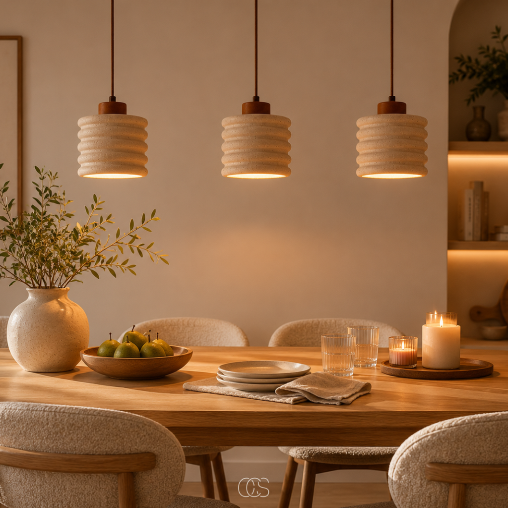 Lampada a sospensione minimalista Japandi Kaishu - Travertino e legno di noce