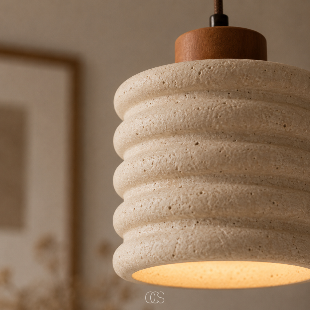 Lampada a sospensione minimalista Japandi Kaishu - Travertino e legno di noce