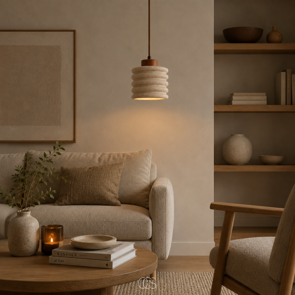 Lampada a sospensione minimalista Japandi Kaishu - Travertino e legno di noce