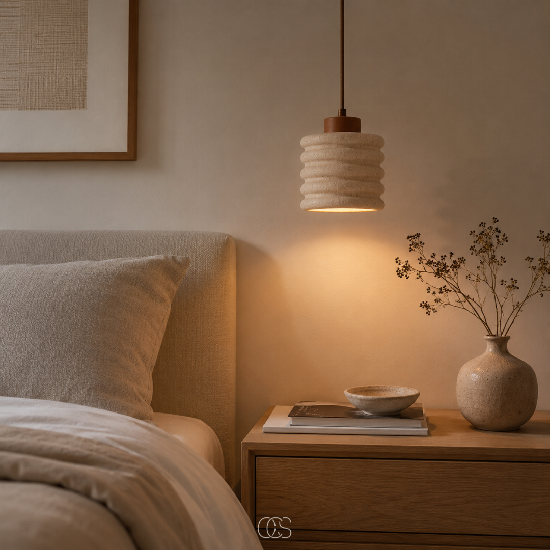 Lampada a sospensione minimalista Japandi Kaishu - Travertino e legno di noce