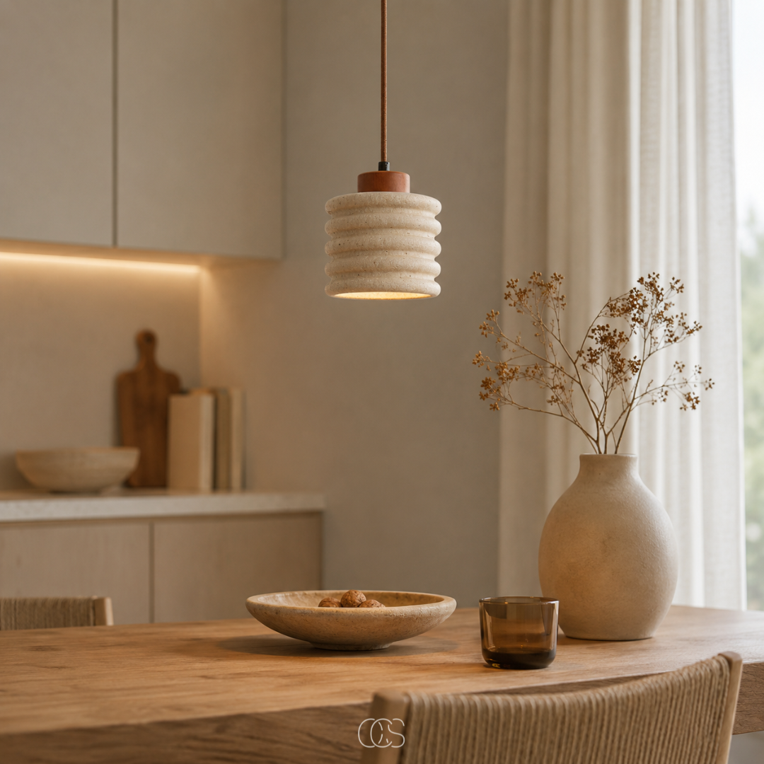 Lampada a sospensione minimalista Japandi Kaishu - Travertino e legno di noce