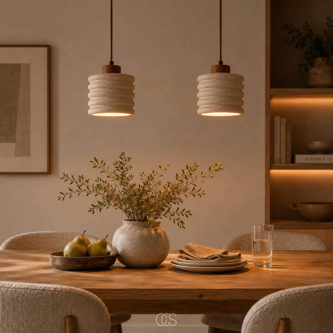 Lampada a sospensione minimalista Japandi Kaishu - Travertino e legno di noce