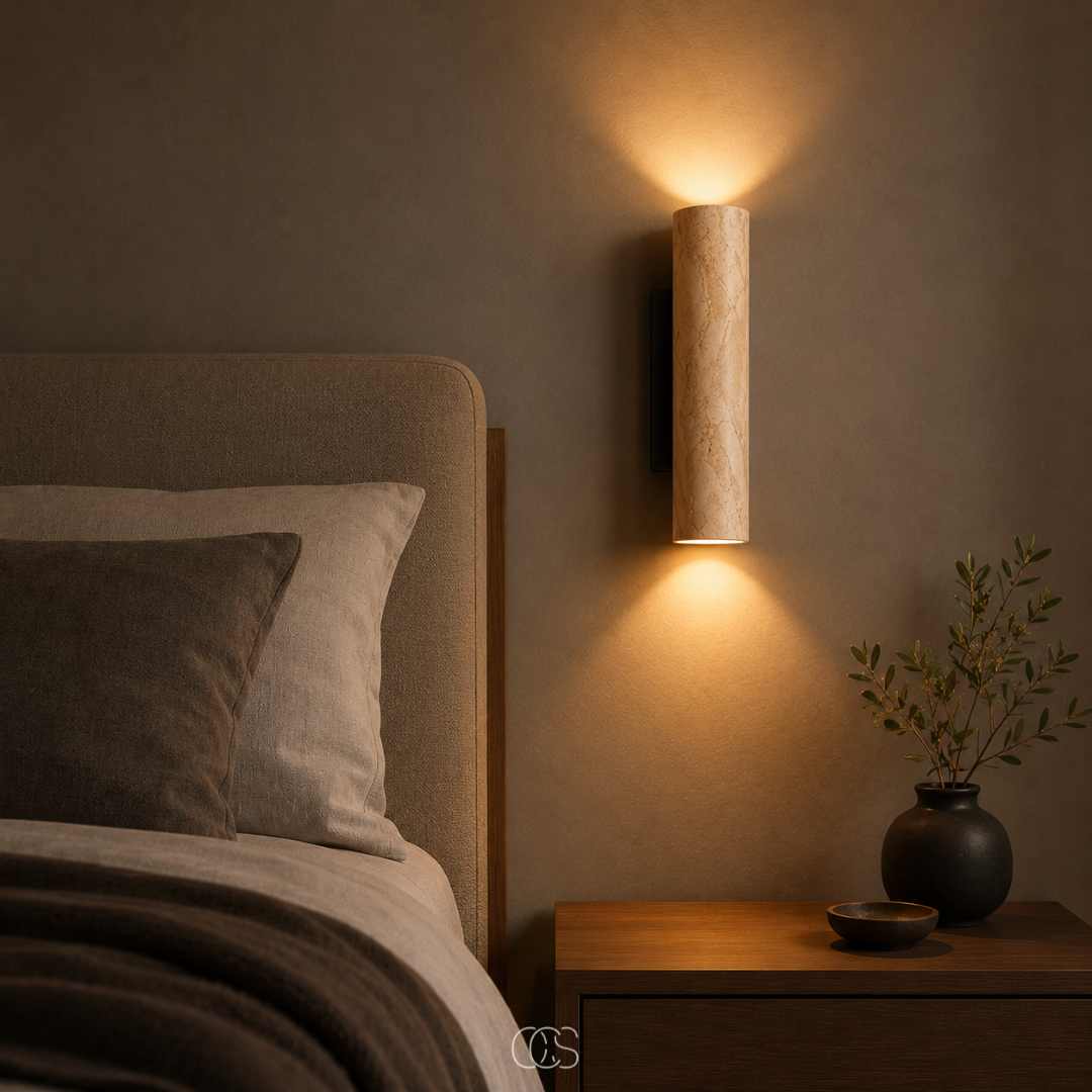 Lampada da Parete Ayumu Japandi in Pietra Naturale - Travertino & Dettagli in Legno