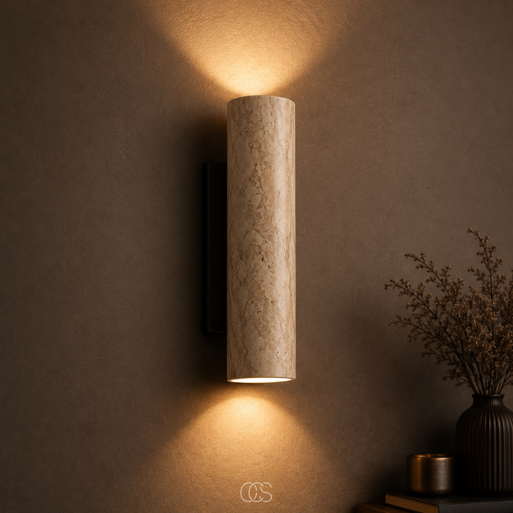 Lampada da Parete Ayumu Japandi in Pietra Naturale - Travertino & Dettagli in Legno