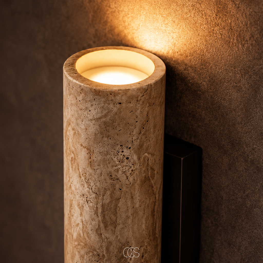 Lampada da Parete Ayumu Japandi in Pietra Naturale - Travertino & Dettagli in Legno