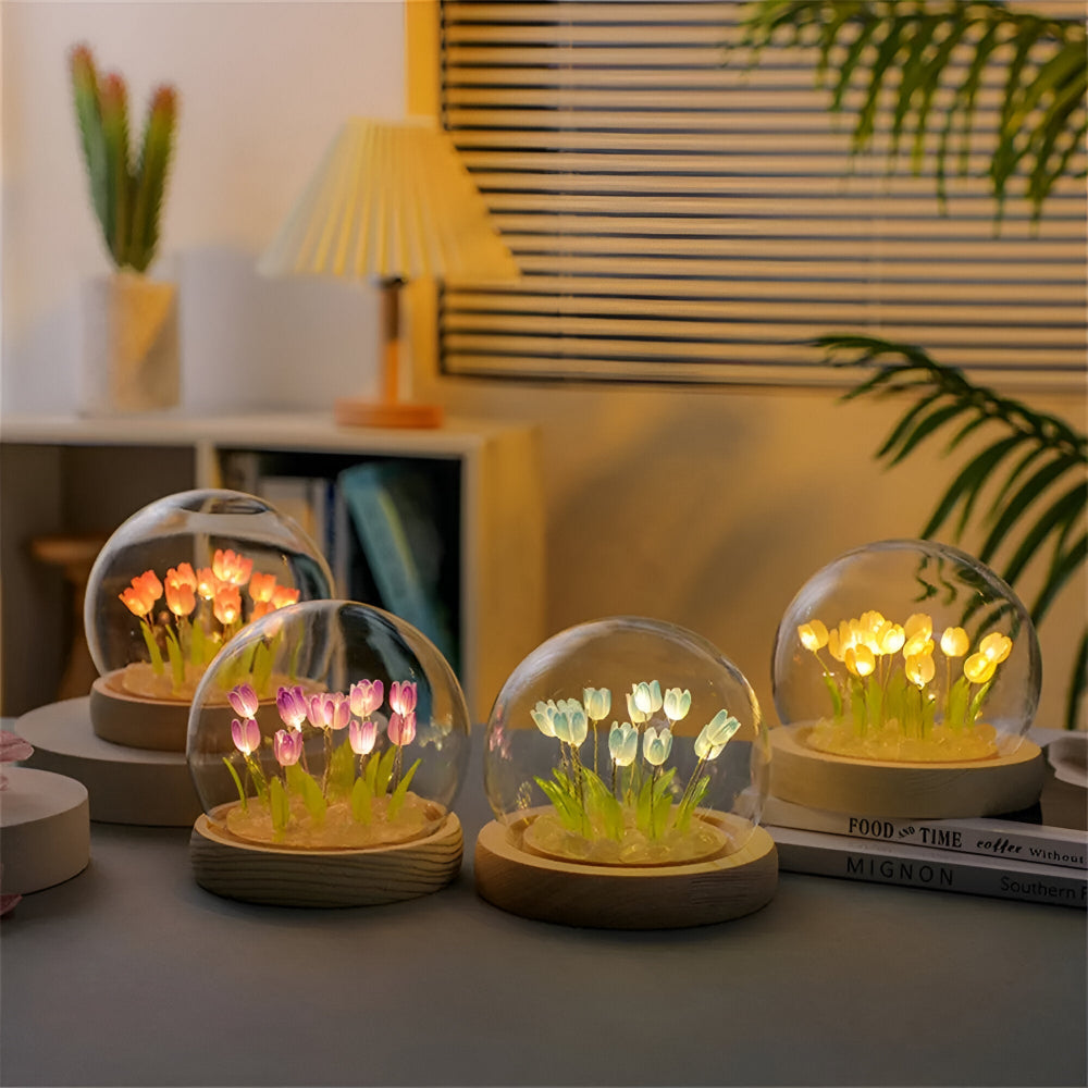 ArtifiTulip – Affascinante lampada da tavolo LED fai-da-te con tulipani e cupola di vetro