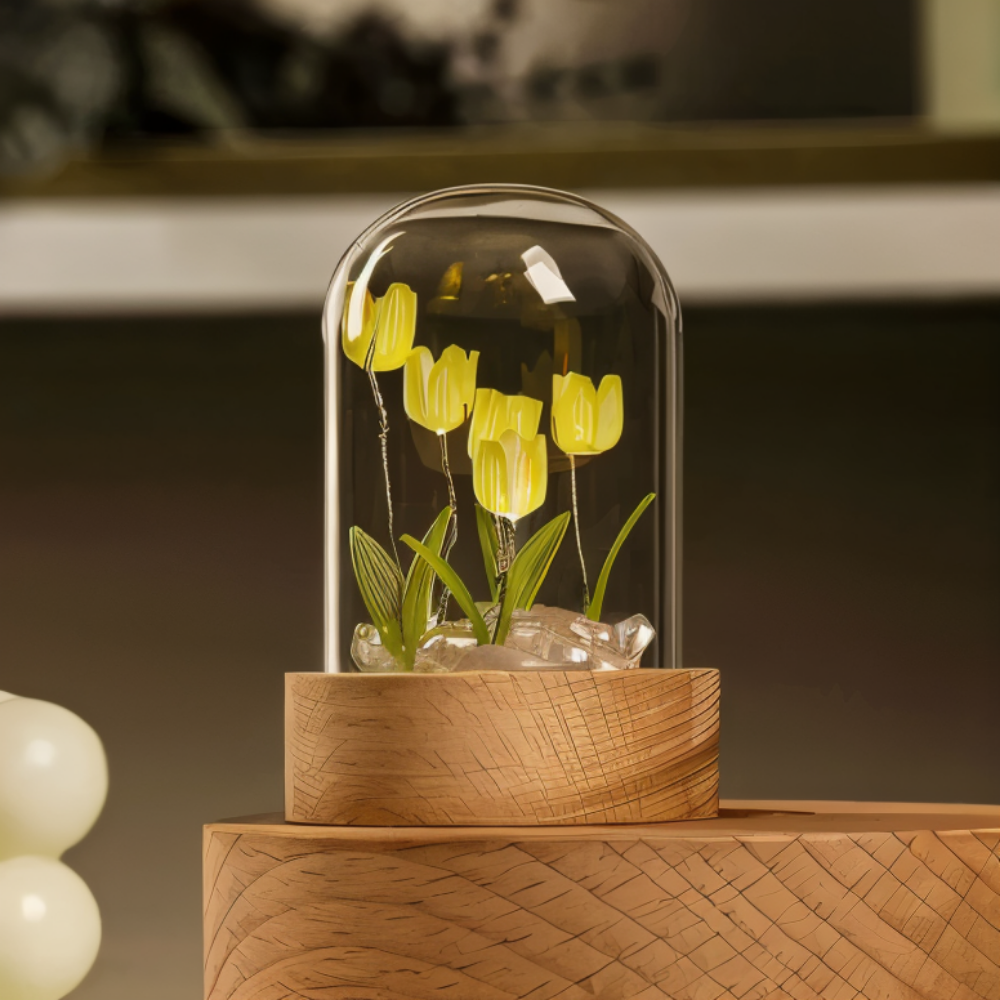 ArtifiTulip – Affascinante lampada da tavolo LED fai-da-te con tulipani e cupola di vetro