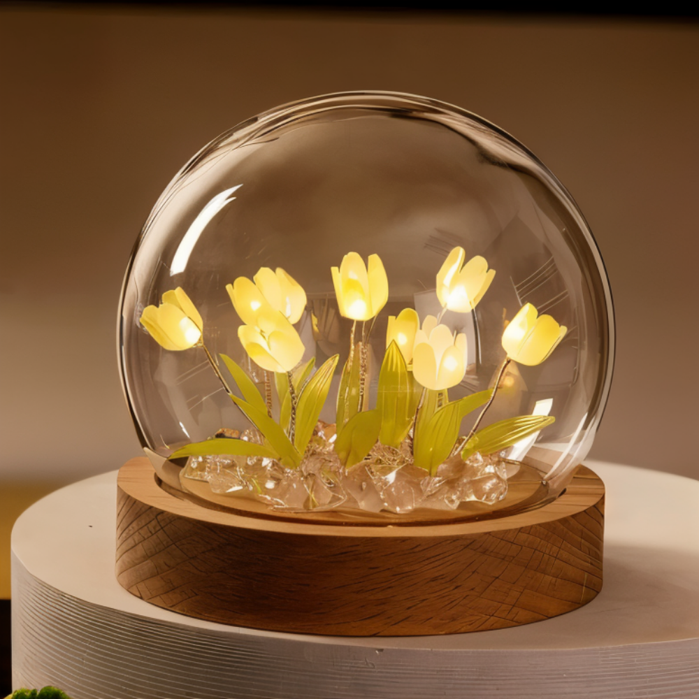 ArtifiTulip – Affascinante lampada da tavolo LED fai-da-te con tulipani e cupola di vetro