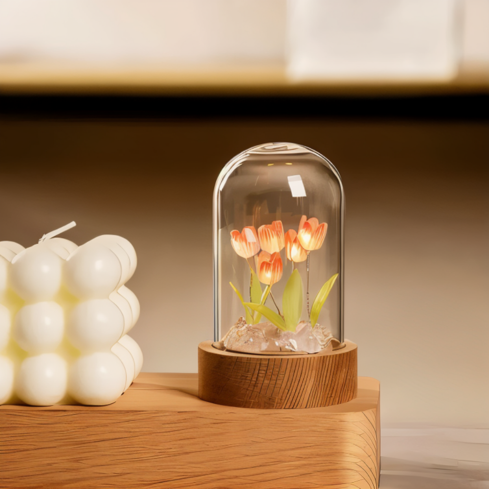 ArtifiTulip – Affascinante lampada da tavolo LED fai-da-te con tulipani e cupola di vetro
