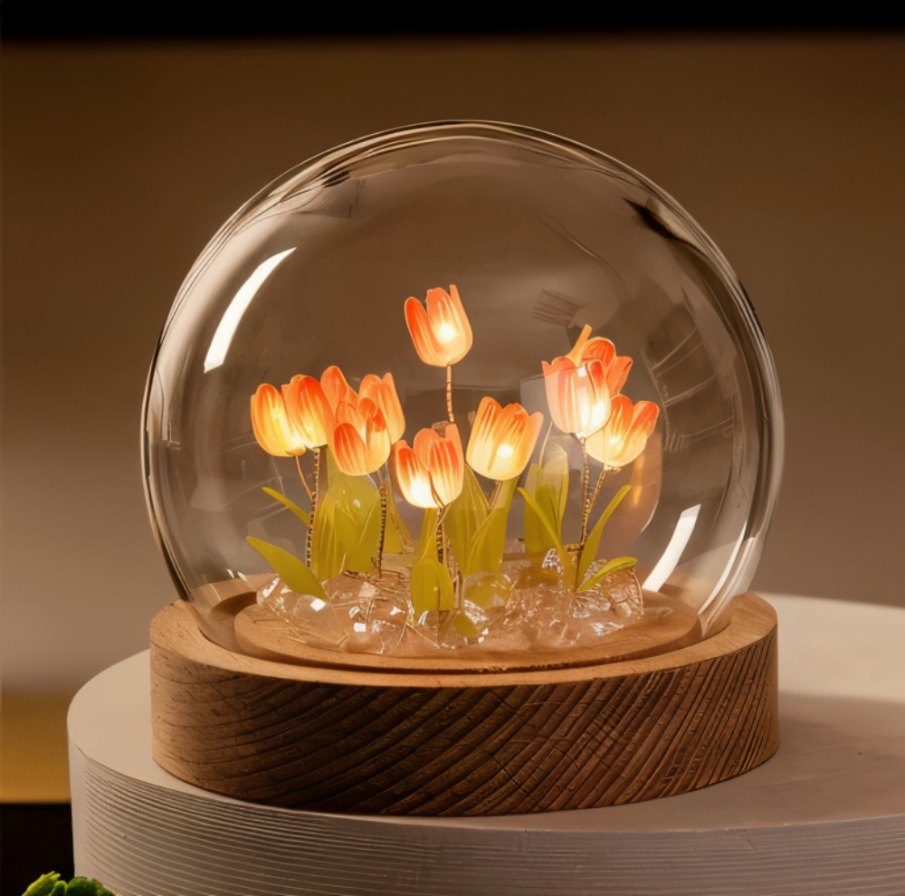 ArtifiTulip – Affascinante lampada da tavolo LED fai-da-te con tulipani e cupola di vetro