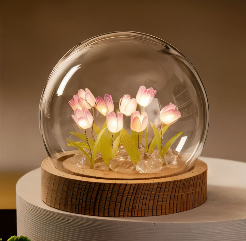 ArtifiTulip – Affascinante lampada da tavolo LED fai-da-te con tulipani e cupola di vetro