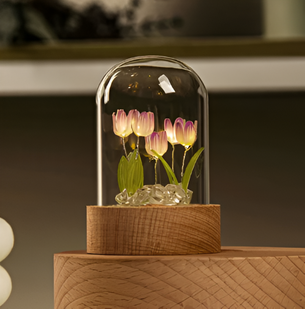 ArtifiTulip – Affascinante lampada da tavolo LED fai-da-te con tulipani e cupola di vetro