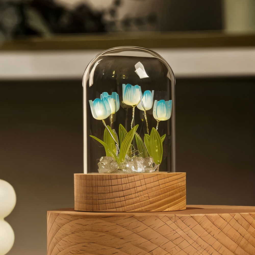 ArtifiTulip – Affascinante lampada da tavolo LED fai-da-te con tulipani e cupola di vetro