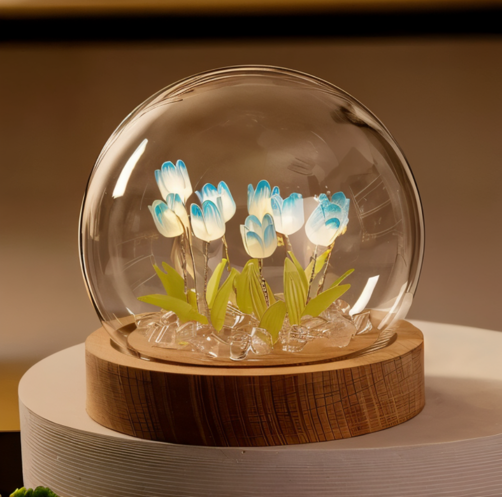 ArtifiTulip – Affascinante lampada da tavolo LED fai-da-te con tulipani e cupola di vetro