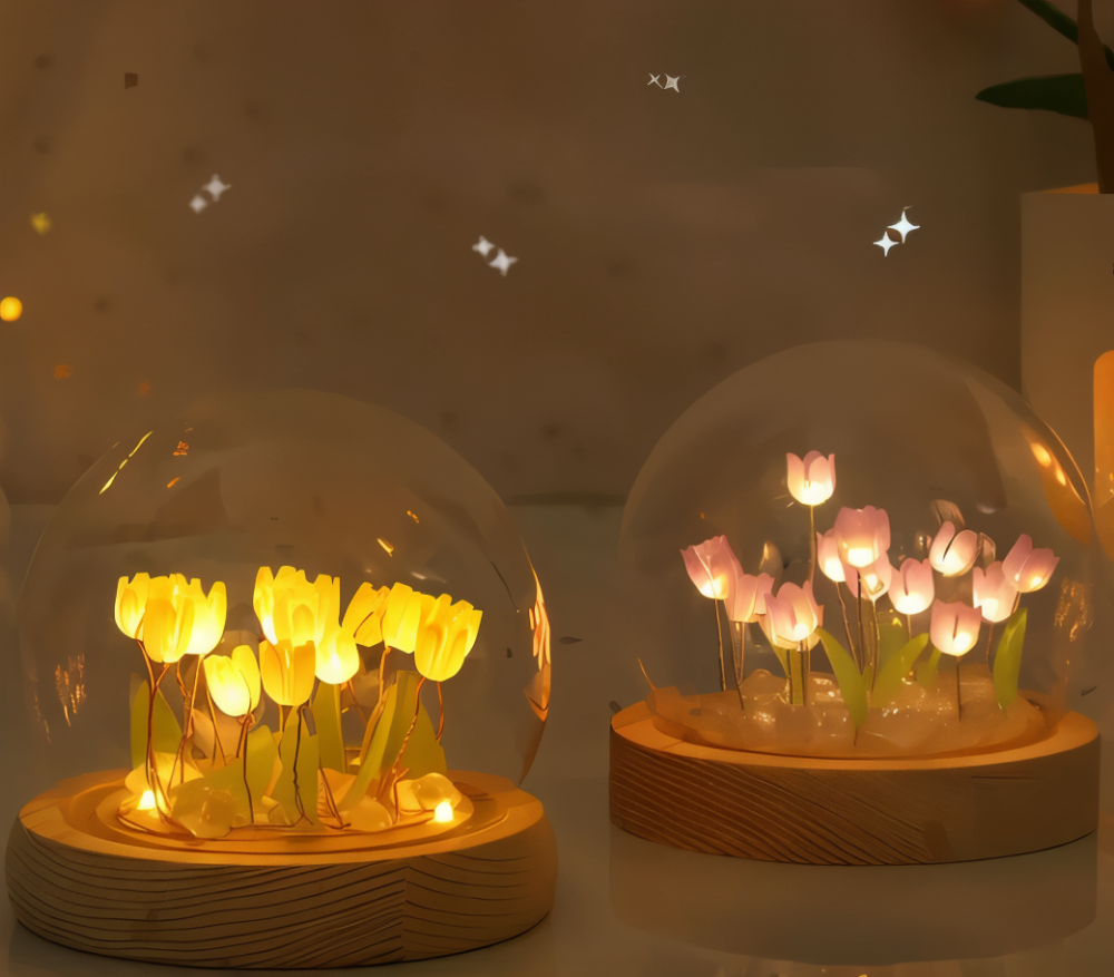 ArtifiTulip – Affascinante lampada da tavolo LED fai-da-te con tulipani e cupola di vetro