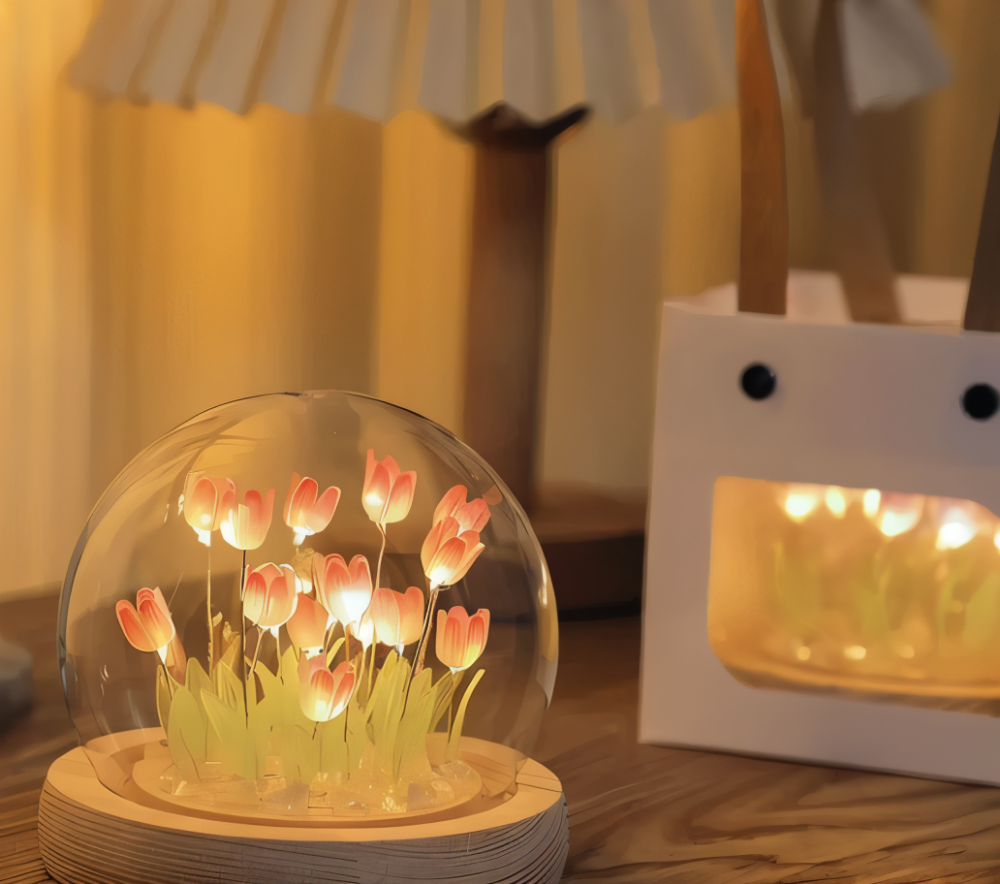 ArtifiTulip – Affascinante lampada da tavolo LED fai-da-te con tulipani e cupola di vetro