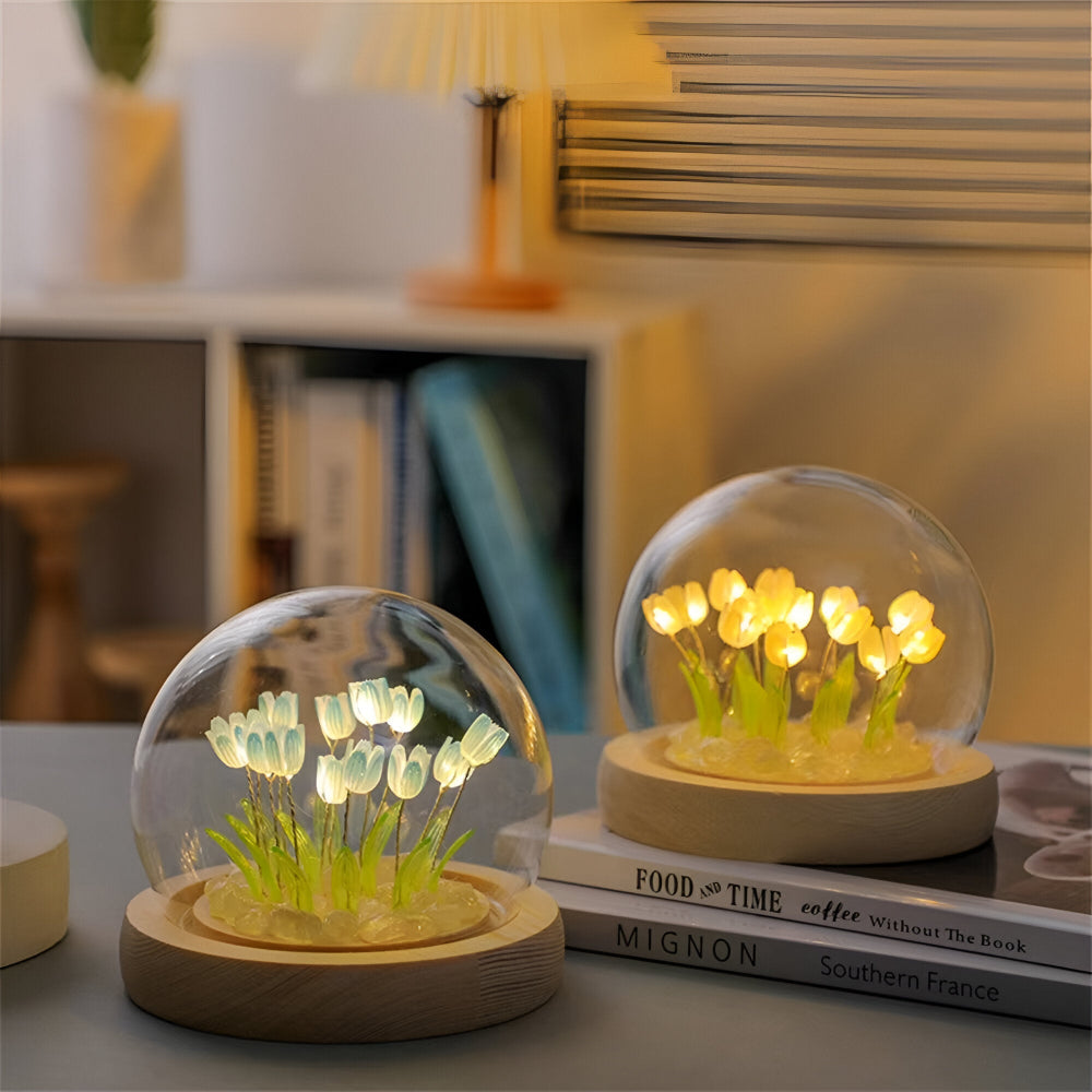 ArtifiTulip – Affascinante lampada da tavolo LED fai-da-te con tulipani e cupola di vetro