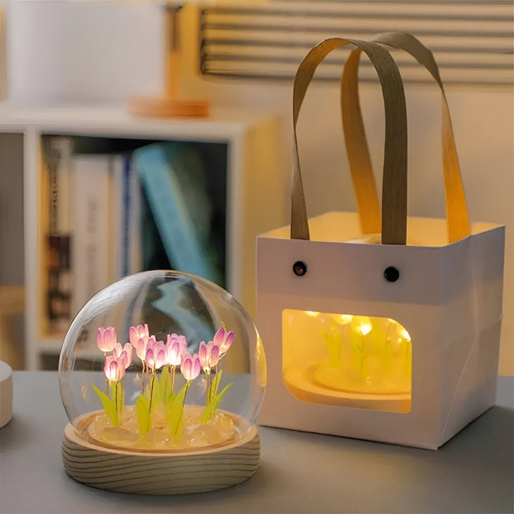 ArtifiTulip – Affascinante lampada da tavolo LED fai-da-te con tulipani e cupola di vetro