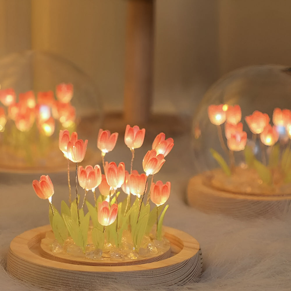 ArtifiTulip – Affascinante lampada da tavolo LED fai-da-te con tulipani e cupola di vetro