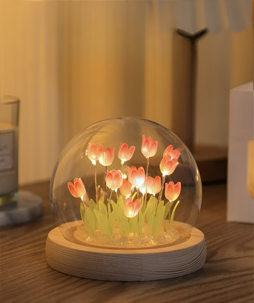 ArtifiTulip – Affascinante lampada da tavolo LED fai-da-te con tulipani e cupola di vetro