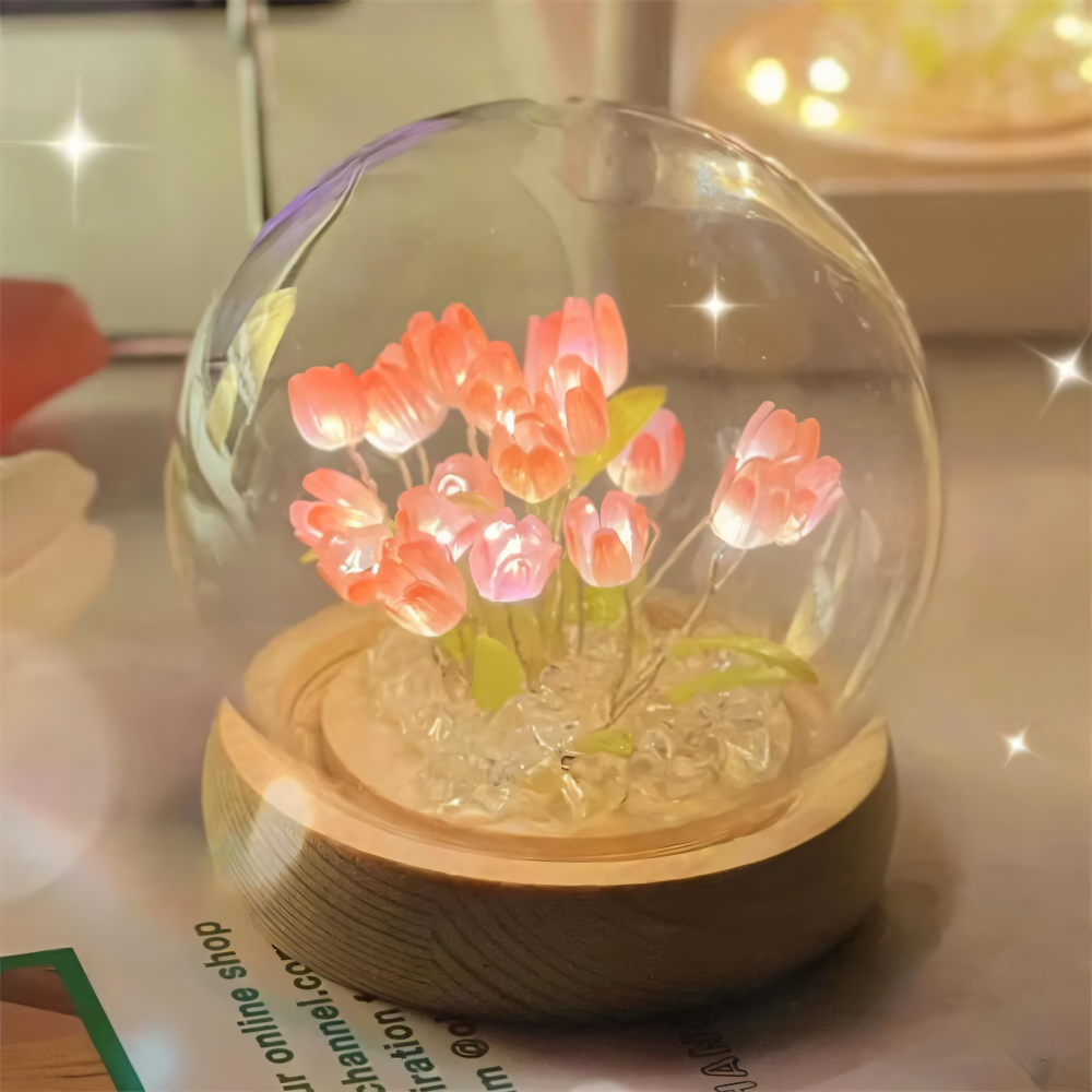 ArtifiTulip – Affascinante lampada da tavolo LED fai-da-te con tulipani e cupola di vetro