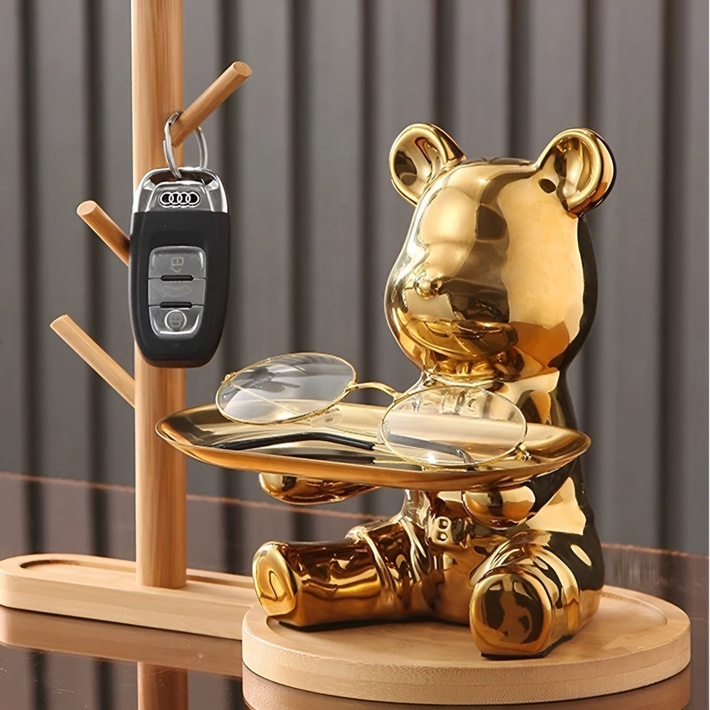 BearLuxe Vassoio – Figura di Orso in Ceramica Moderna con Elegante Vassoio Espositivo