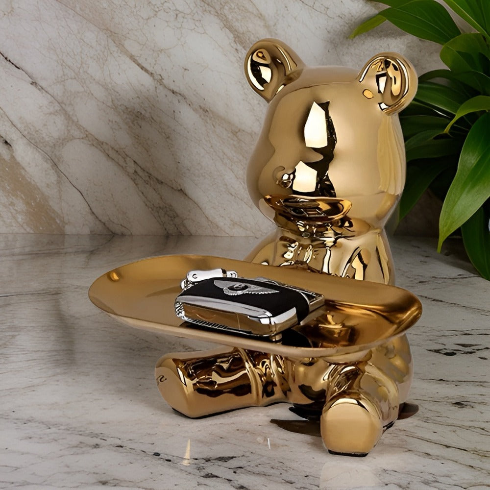 BearLuxe Vassoio – Figura di Orso in Ceramica Moderna con Elegante Vassoio Espositivo