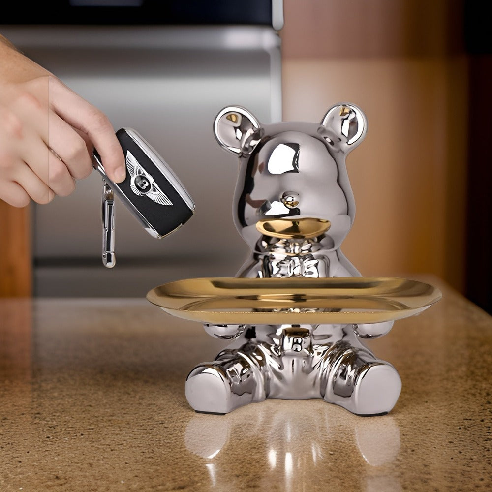 BearLuxe Vassoio – Figura di Orso in Ceramica Moderna con Elegante Vassoio Espositivo