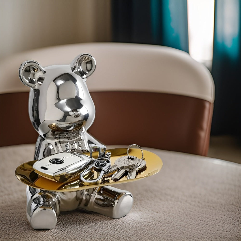 BearLuxe Vassoio – Figura di Orso in Ceramica Moderna con Elegante Vassoio Espositivo
