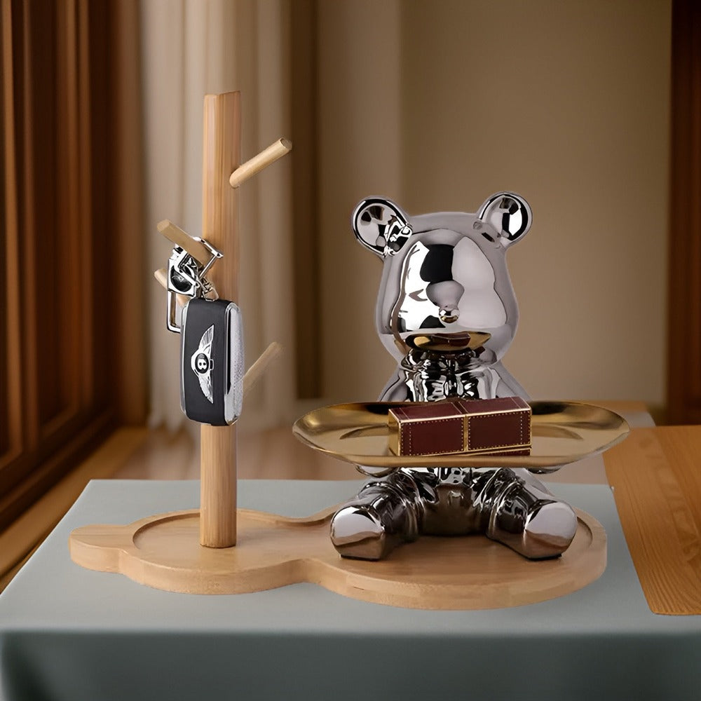BearLuxe Vassoio – Figura di Orso in Ceramica Moderna con Elegante Vassoio Espositivo