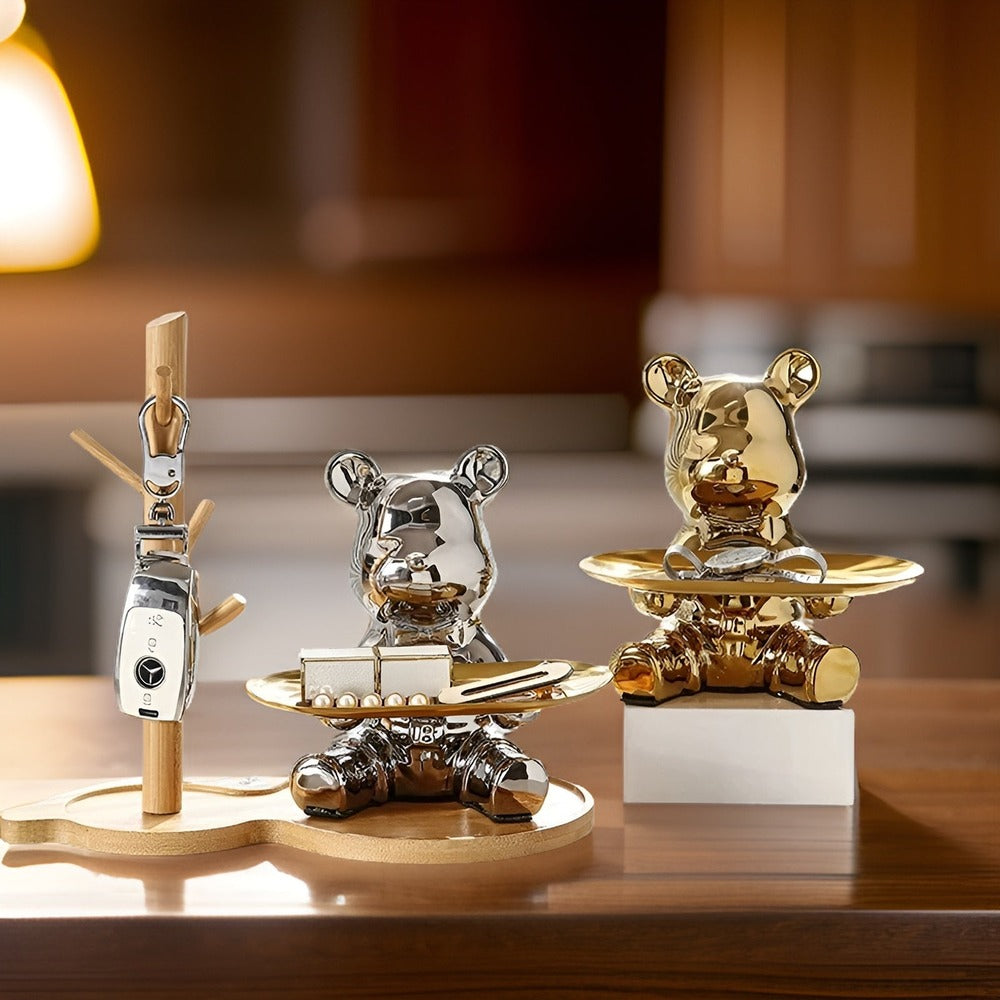 BearLuxe Vassoio – Figura di Orso in Ceramica Moderna con Elegante Vassoio Espositivo