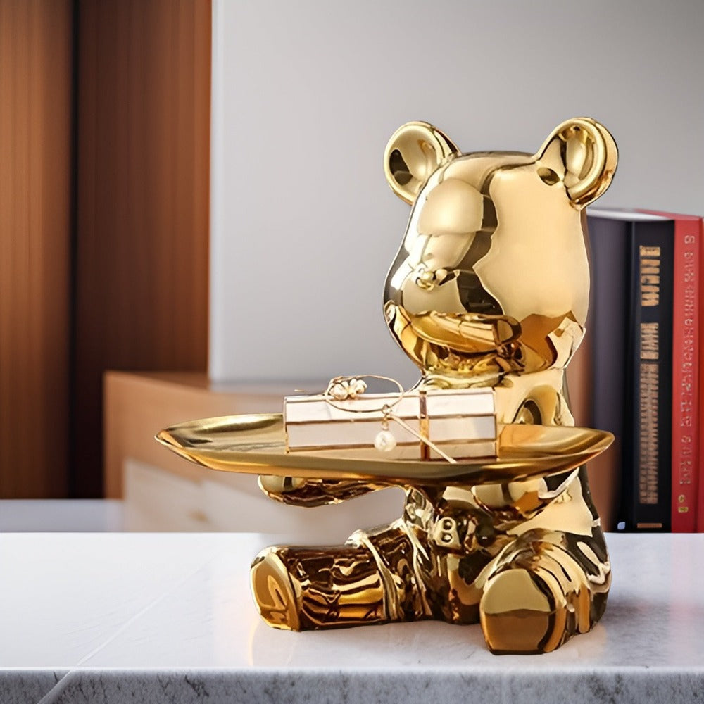 BearLuxe Vassoio – Figura di Orso in Ceramica Moderna con Elegante Vassoio Espositivo