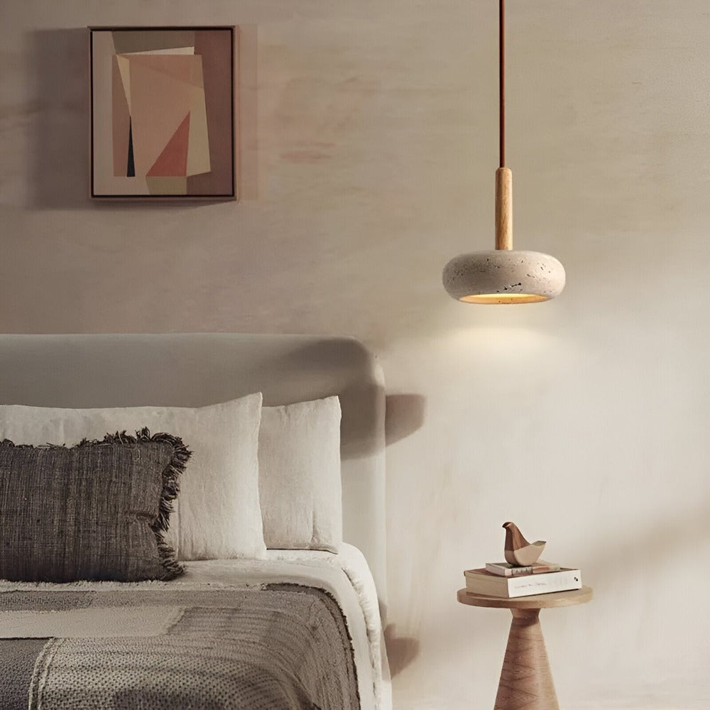 CreamTravertine – Lampada a sospensione naturale in travertino e legno