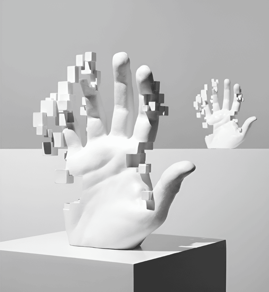 PixelPalm – Figura a Mano in Resina con Mosaico Astratto