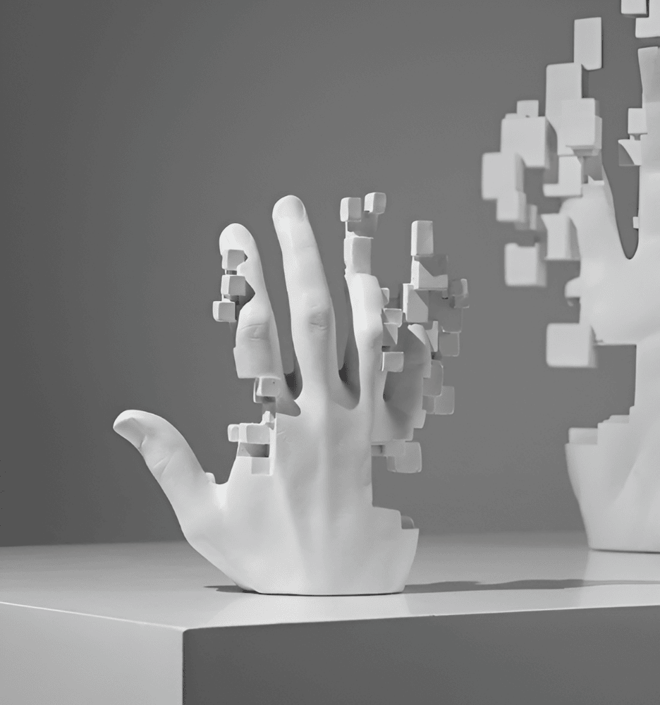 PixelPalm – Figura a Mano in Resina con Mosaico Astratto