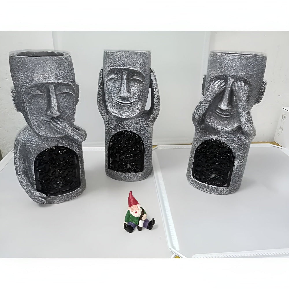 Velourin | Scultura solare dell'Isola di Pasqua set di 3 con luce LED calda per giardino, prato e patio