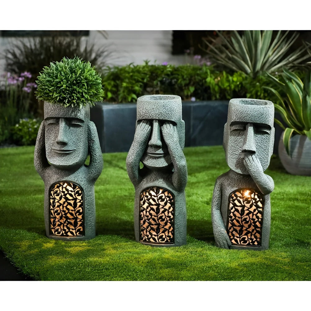 Velourin | Scultura solare dell'Isola di Pasqua set di 3 con luce LED calda per giardino, prato e patio