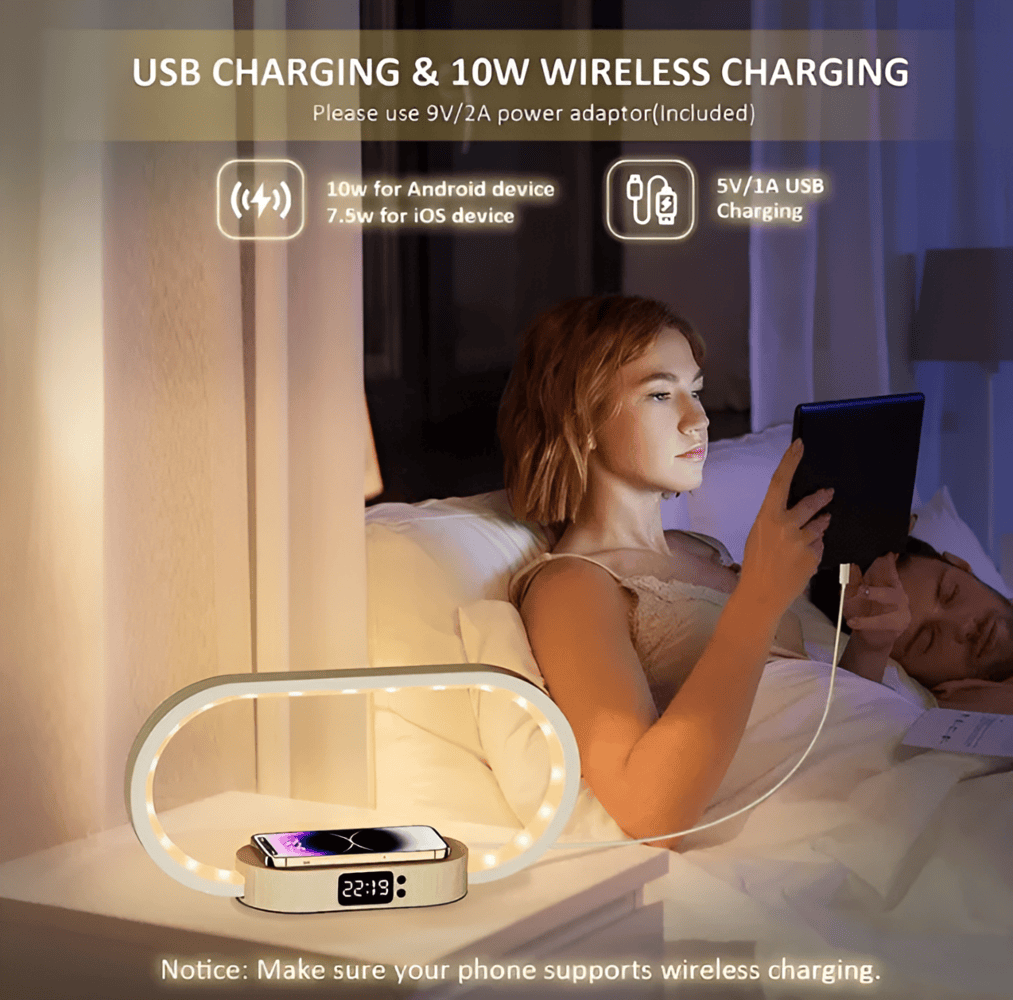 SmartiOne – Lampada Notturna Multifunzionale con Caricatore Wireless e Orologio Digitale