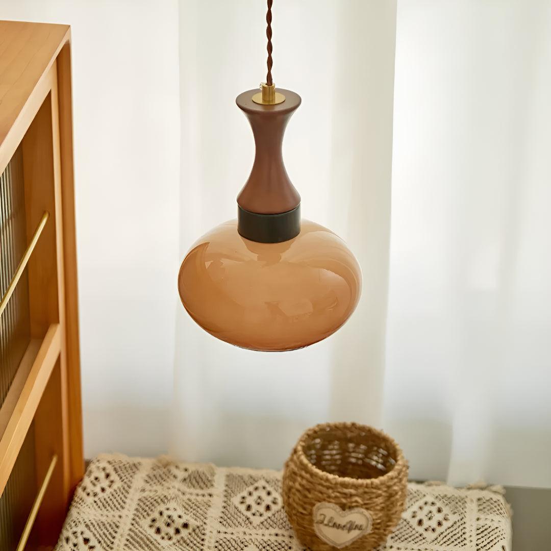 Lampada a Sospensione Plug-In con Paralume in Vetro Marrone per Sala da Pranzo