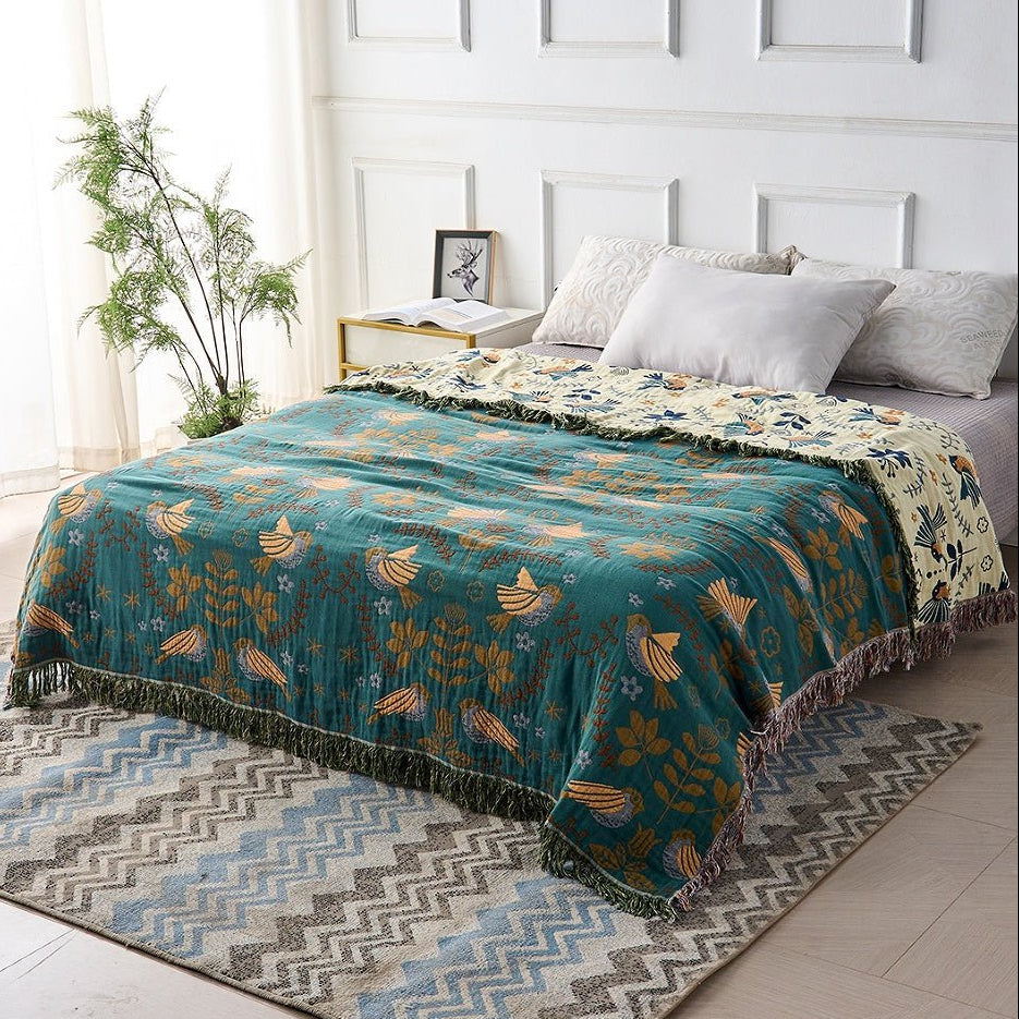 BIRCHFOLD – Coperta in cotone reversibile in stile scandinavo con motivo di uccelli