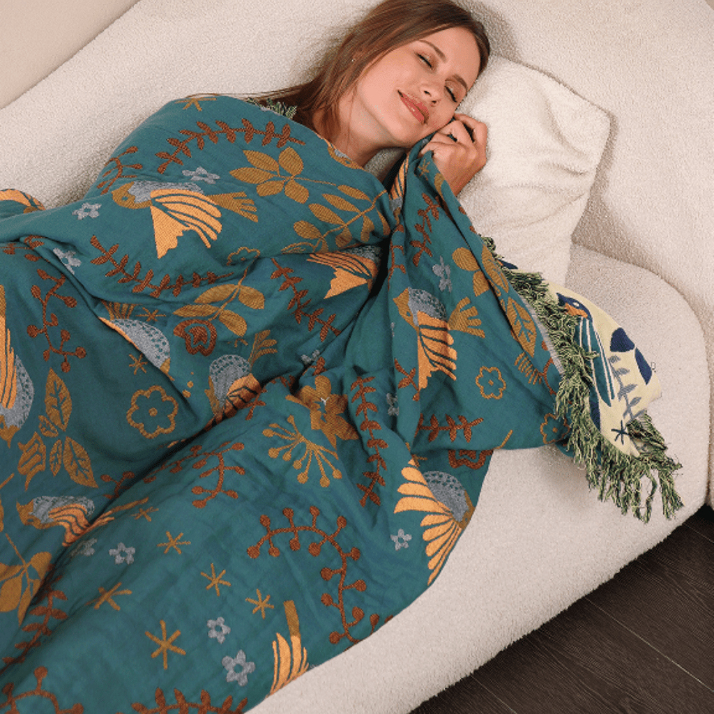 BIRCHFOLD – Coperta in cotone reversibile in stile scandinavo con motivo di uccelli