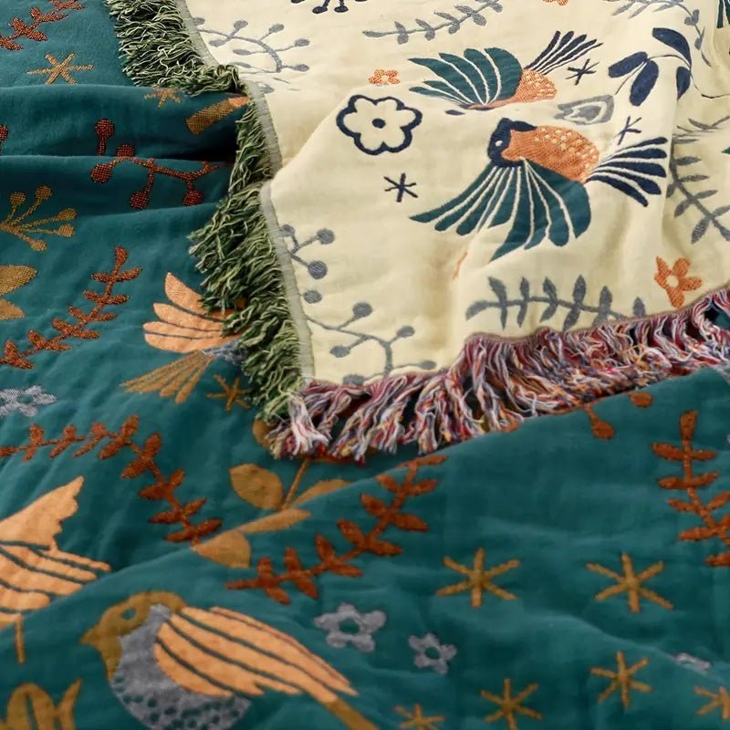 BIRCHFOLD – Coperta in cotone reversibile in stile scandinavo con motivo di uccelli