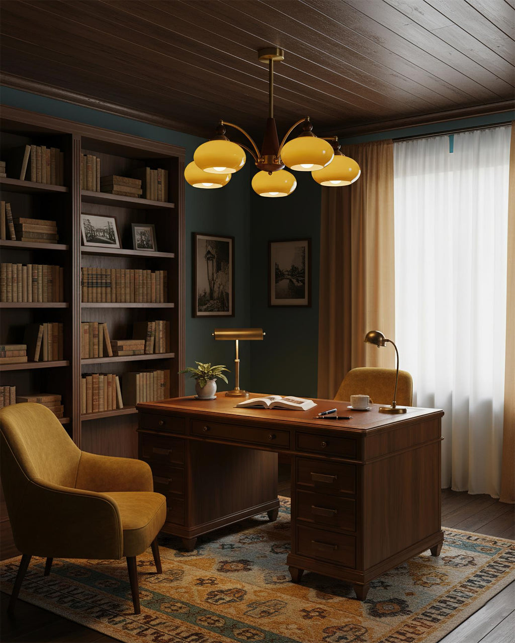 Elanorae | Lampadario in Legno e Ottone senza Tempo con Paralumi in Vetro Caldo