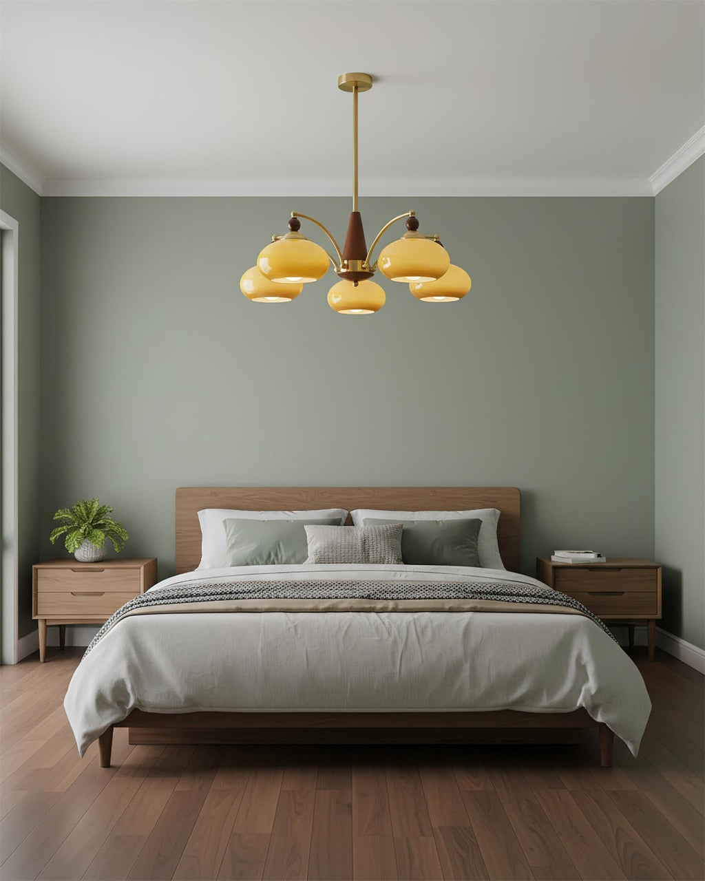 Elanorae | Lampadario in Legno e Ottone senza Tempo con Paralumi in Vetro Caldo