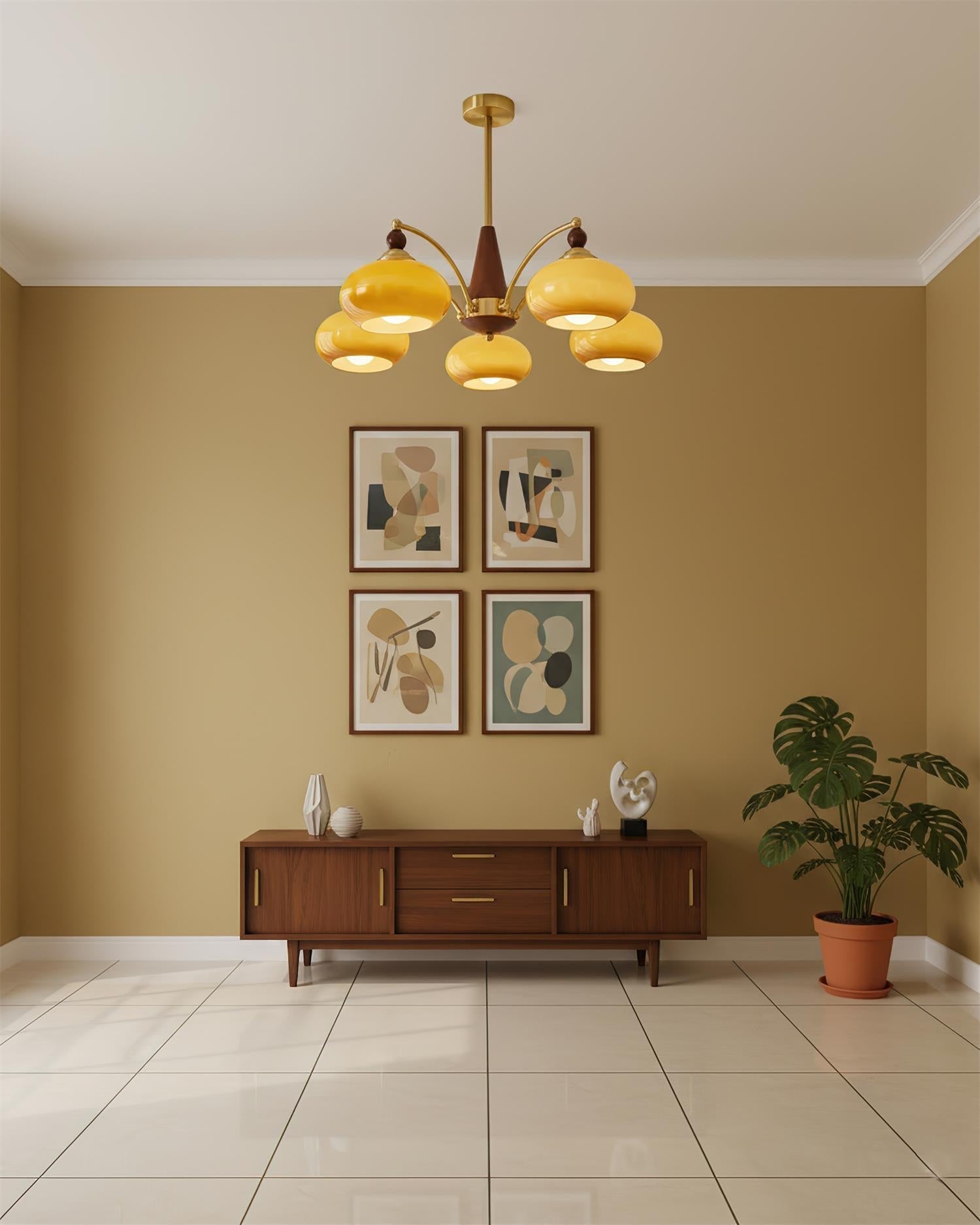 Elanorae | Lampadario in Legno e Ottone senza Tempo con Paralumi in Vetro Caldo