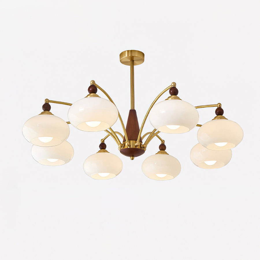 Elanorae | Lampadario in Legno e Ottone senza Tempo con Paralumi in Vetro Caldo