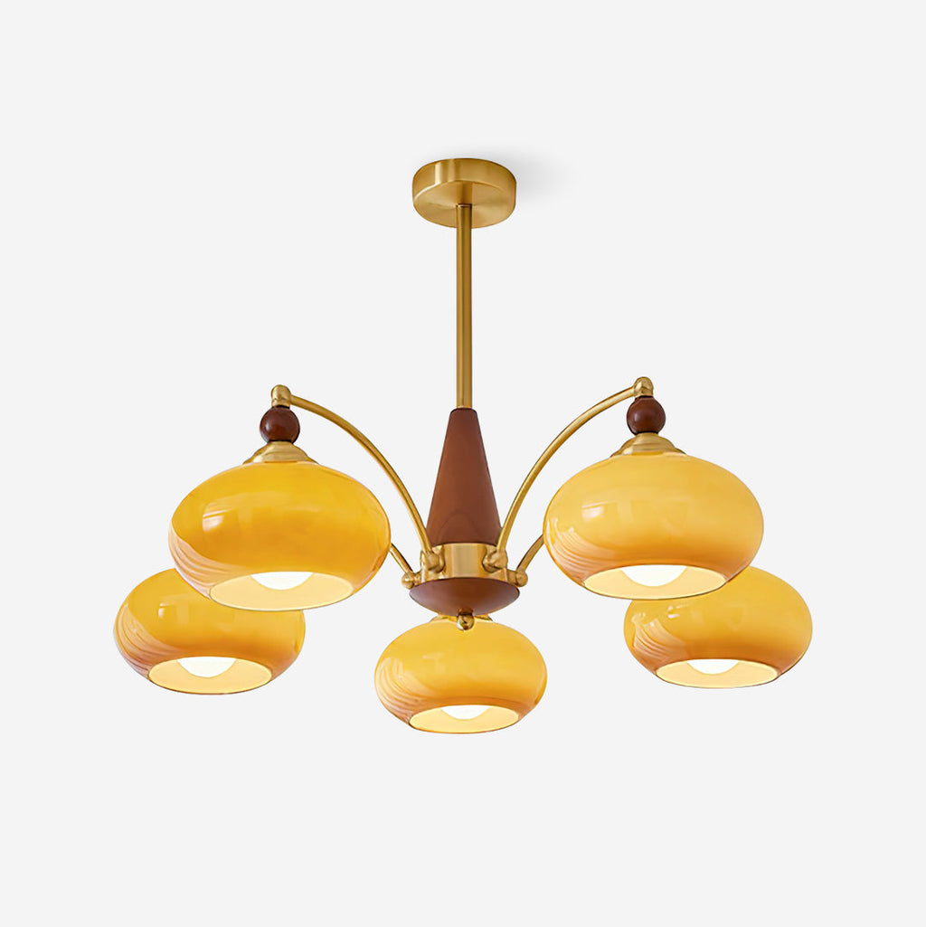 Elanorae | Lampadario in Legno e Ottone senza Tempo con Paralumi in Vetro Caldo