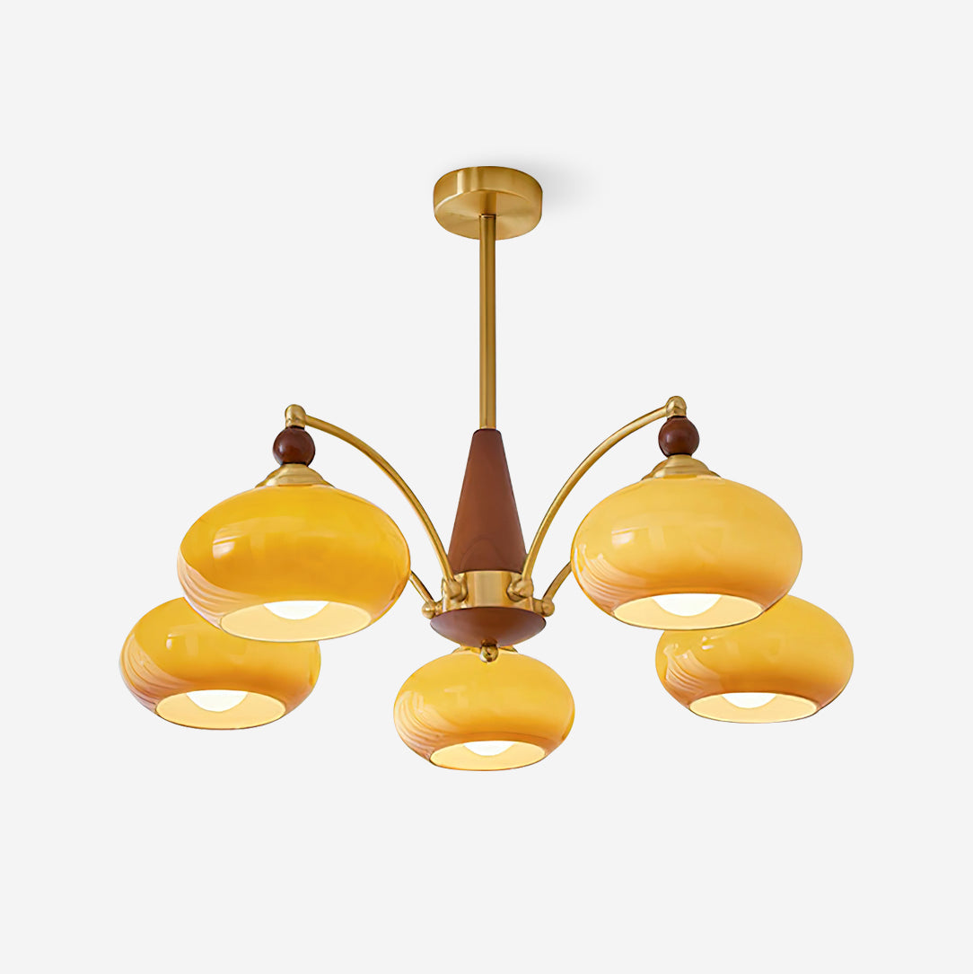 Elanorae | Lampadario in Legno e Ottone senza Tempo con Paralumi in Vetro Caldo