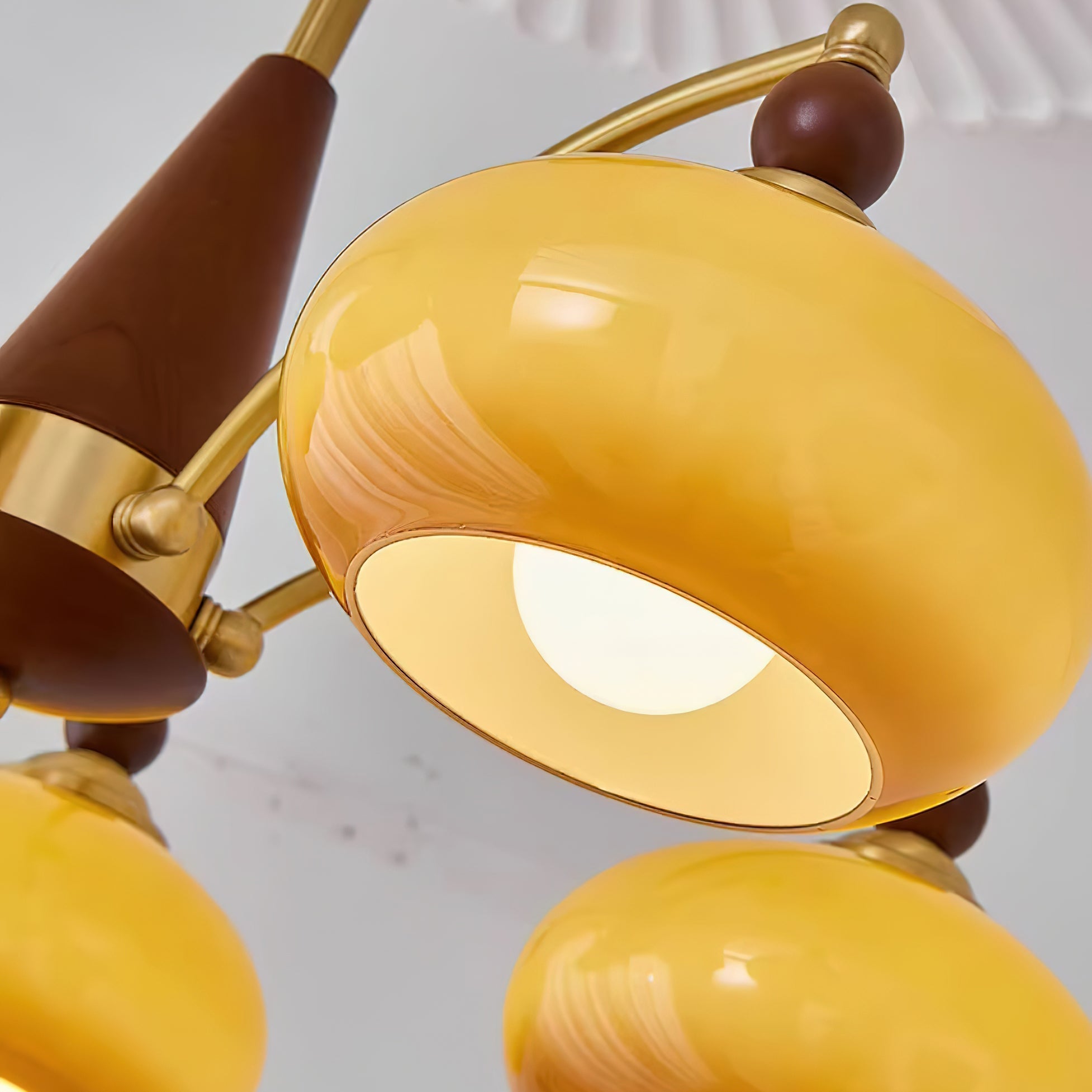 Elanorae | Lampadario in Legno e Ottone senza Tempo con Paralumi in Vetro Caldo