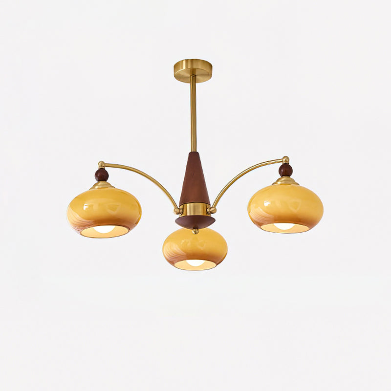 Elanorae | Lampadario in Legno e Ottone senza Tempo con Paralumi in Vetro Caldo
